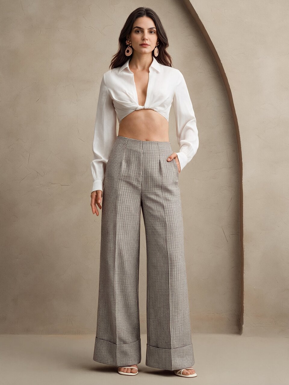 Anewsta Women's Plaid Cuffed Hem High Waist Suit Pants Elegant Casual Business Commute Loose Wide Leg Teachers' Day Work White And Black Autumn