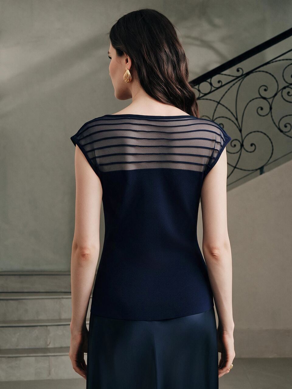 Anewsta French Style Draped Boat Neck Sheer Knit Fitted Top & Skirt Women See Through Slimming Outfit For Spring/Summer