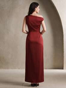 Anewsta Gaun Malam Elegan Berpayet Merah dengan Detail Simpul Terpilin Asimetris dan Belahan Tali Bahu Tipis, Model Bodycon Berkerut, Cocok untuk Makan Malam, Pesta Koktail, Pernikahan, Musim Gugur dan Musim Dingin - Burgundy - View 2