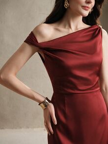 Anewsta Gaun Malam Elegan Berpayet Merah dengan Detail Simpul Terpilin Asimetris dan Belahan Tali Bahu Tipis, Model Bodycon Berkerut, Cocok untuk Makan Malam, Pesta Koktail, Pernikahan, Musim Gugur dan Musim Dingin - Burgundy - View 4