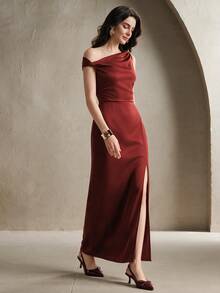 Anewsta Gaun Malam Elegan Berpayet Merah dengan Detail Simpul Terpilin Asimetris dan Belahan Tali Bahu Tipis, Model Bodycon Berkerut, Cocok untuk Makan Malam, Pesta Koktail, Pernikahan, Musim Gugur dan Musim Dingin - Burgundy - View 8