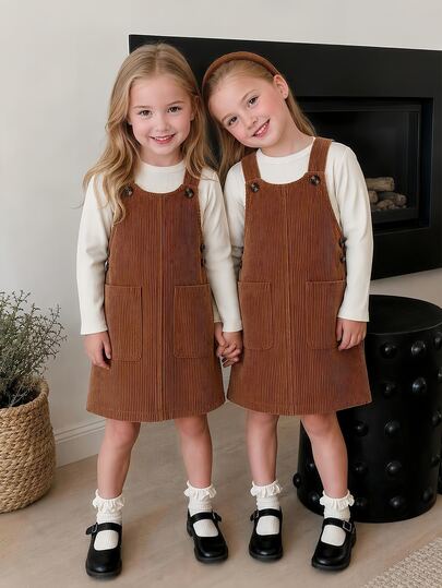 Young Girls New Spring/Autumn/Winter Apricot Elastic Base Layer Top With Vintage Caramel Corduroy Double Pocket Design Casual Tank Dress, Layered Set
