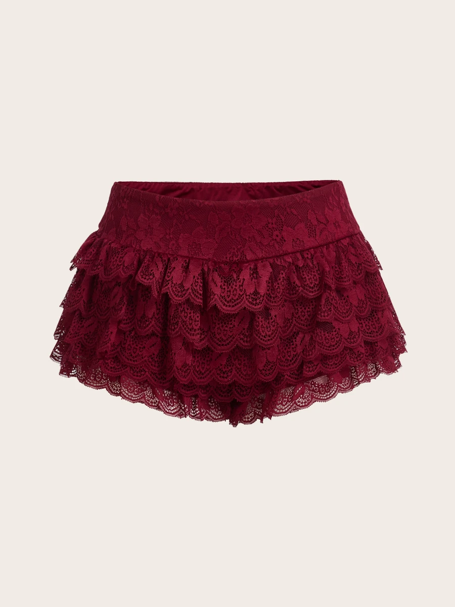SHEIN ICON 女士纯色蕾丝边简约休闲短裤,日常休闲 - 酒紅色 - 查看 1