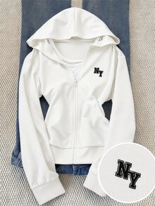 兒童青少年女孩秋冬新款基礎街頭風休閒黑色純色針織小Logo刺繡圖案拉鍊連帽修身運動外套，返校季 - 白色 - 查看 4