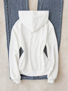 兒童青少年女孩秋冬新款基礎街頭風休閒黑色純色針織小Logo刺繡圖案拉鍊連帽修身運動外套，返校季 - 白色 - 查看 2
