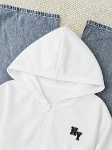 兒童青少年女孩秋冬新款基礎街頭風休閒黑色純色針織小Logo刺繡圖案拉鍊連帽修身運動外套，返校季 - 白色 - 查看 3