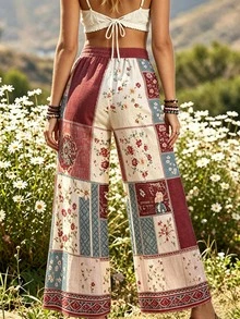 Selamara 女款波希米亞風拼接花卉印花長褲，適合鄉村與海灘度假 - 彩色 - 查看 2