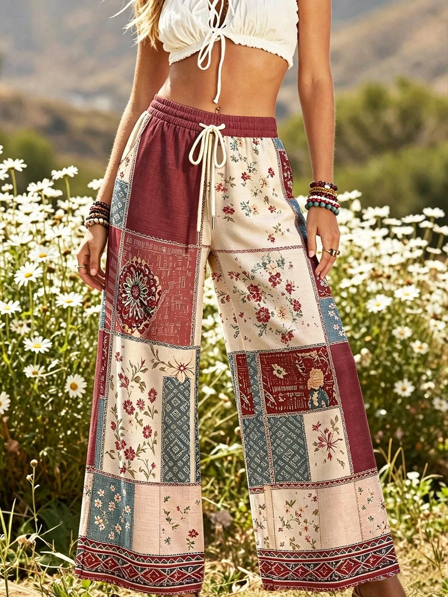 Selamara 女款波希米亞風拼接花卉印花長褲,適合鄉村與海灘度假 - 彩色 - 查看 1