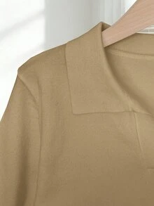 SHEIN 女士简约纯色翻领短袖休闲修身针织上衣，春夏百搭 - 杏色 - 查看 5