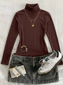 Dazy Kids Tween Girls' Solid Color High Neck Basic Layering Top, Autumn/Winter, Brown - Brown - View 7