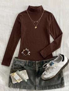 Dazy Kids Tween Girls' Solid Color High Neck Basic Layering Top, Autumn/Winter, Brown - Brown - View 1