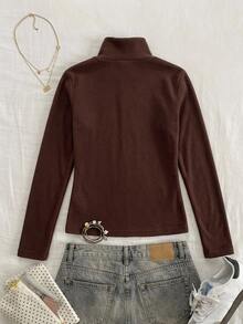 Dazy Kids Tween Girls' Solid Color High Neck Basic Layering Top, Autumn/Winter, Brown - Brown - View 5