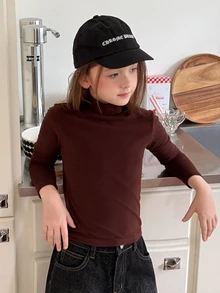 Dazy Kids Tween Girls' Solid Color High Neck Basic Layering Top, Autumn/Winter, Brown - Brown - View 8