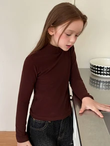 Dazy Kids Tween Girls' Solid Color High Neck Basic Layering Top, Autumn/Winter, Brown - Brown - View 2