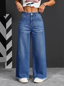 SHEIN PETITE Women's Front Button Pocket Simple Denim Jeans, Casual Everyday Wear ,Petite Women - Dark Wash - View 4