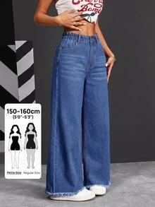 SHEIN PETITE Women's Front Button Pocket Simple Denim Jeans, Casual Everyday Wear ,Petite Women - Dark Wash - View 1