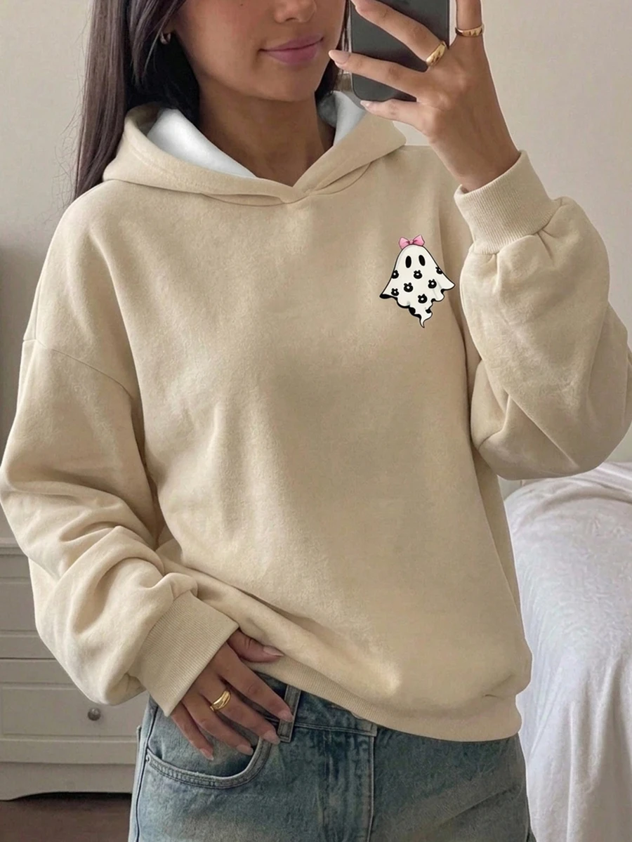 青少年女孩幽靈印花兒童長袖寬鬆休閒秋季運動衫 - 彩色 - 查看 1