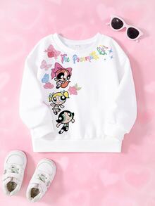 THE POWERPUFF GIRLS X SHEIN 女童卡通印花圓領運動衫 - 白色 - 查看 1