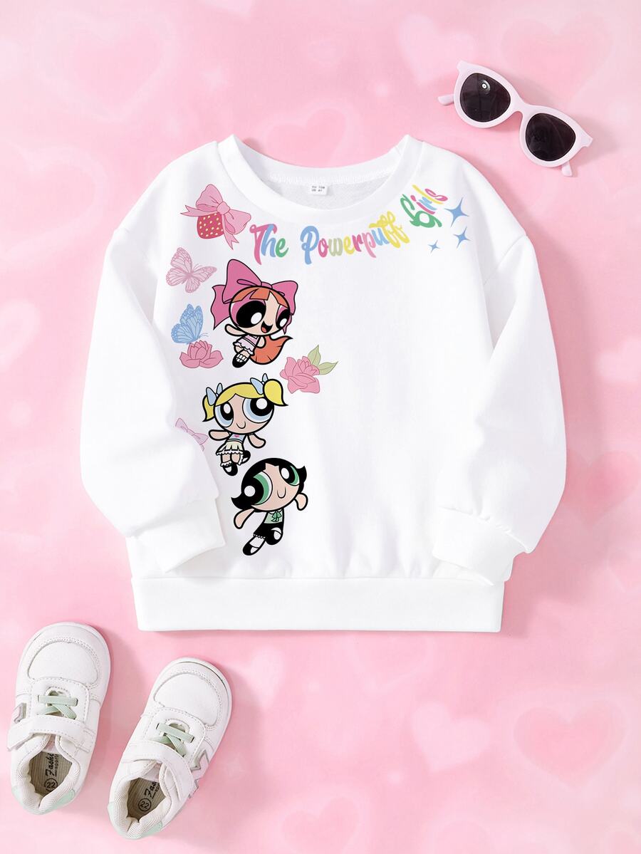 THE POWERPUFF GIRLS X SHEIN 女童卡通印花圓領運動衫 - 白色 - 查看 1
