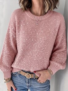 Balvessa Damen Rundhals Pullover mit transparenten irisierenden Pailletten, Drop-Shoulder, lockerem Schnitt, Laternenärmeln und geripptem Saum - Pink - Übersicht 4