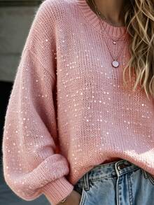 Balvessa Damen Rundhals Pullover mit transparenten irisierenden Pailletten, Drop-Shoulder, lockerem Schnitt, Laternenärmeln und geripptem Saum - Pink - Übersicht 7