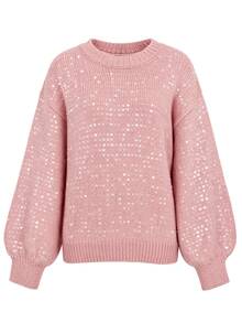 Balvessa Damen Rundhals Pullover mit transparenten irisierenden Pailletten, Drop-Shoulder, lockerem Schnitt, Laternenärmeln und geripptem Saum - Pink - Übersicht 5