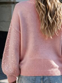 Balvessa Damen Rundhals Pullover mit transparenten irisierenden Pailletten, Drop-Shoulder, lockerem Schnitt, Laternenärmeln und geripptem Saum - Pink - Übersicht 6