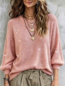 Balvessa Damen Rundhals Pullover mit transparenten irisierenden Pailletten, Drop-Shoulder, lockerem Schnitt, Laternenärmeln und geripptem Saum - Pink - Übersicht 1