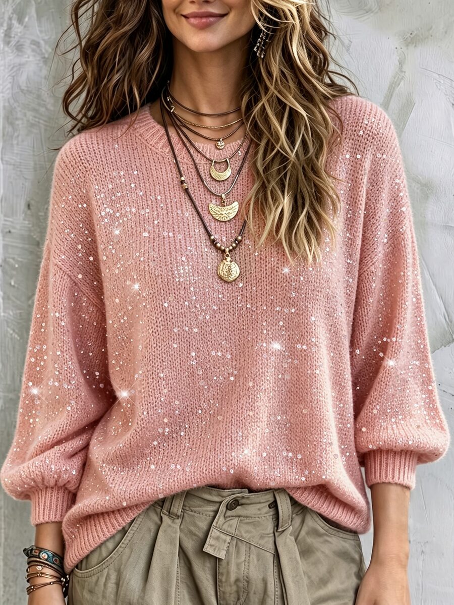 Balvessa Damen Rundhals Pullover mit transparenten irisierenden Pailletten, Drop-Shoulder, lockerem Schnitt, Laternenärmeln und geripptem Saum - Pink - Übersicht 1