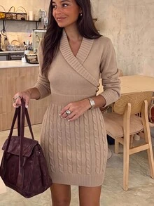 Brillora Elegant Fashion Wrap Twist Knit Pattern Button Slim Fit Women's Sweater Dress, Suitable For Autumn/Winter Wear - Apricot - View 17