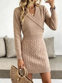 Brillora Elegant Fashion Wrap Twist Knit Pattern Button Slim Fit Women's Sweater Dress, Suitable For Autumn/Winter Wear - Apricot - View 16