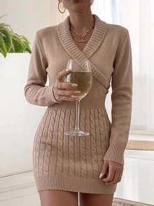 Brillora Elegant Fashion Wrap Twist Knit Pattern Button Slim Fit Women's Sweater Dress, Suitable For Autumn/Winter Wear - Apricot - View 14