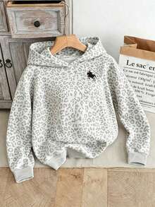 Girls' Leopard Print All-Over Hooded Sweatshirt With Pony Rider Embroidery, Loose Casual Long Sleeve Top For Autumn - Multicolor - View 3