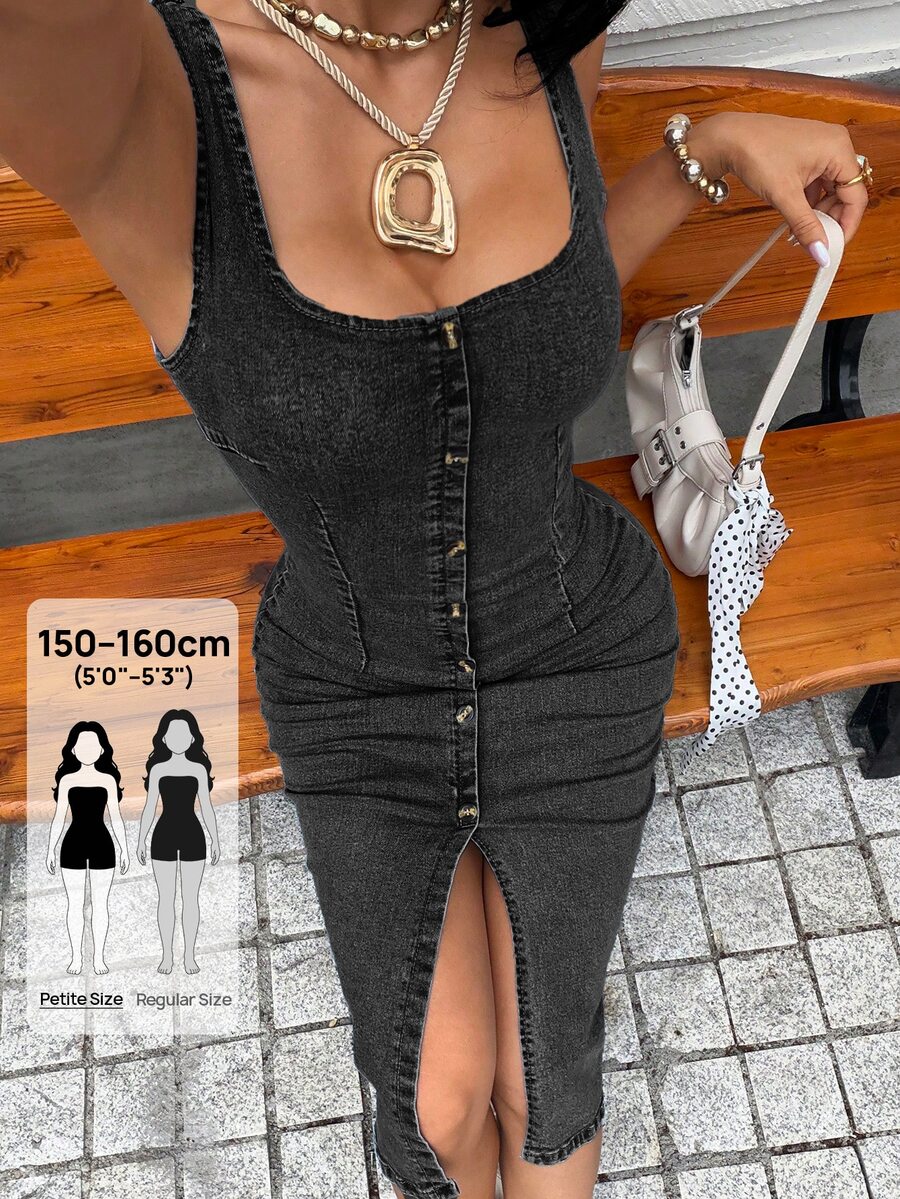 Rivivi Petite Fashion Casual Washed Denim Front Slit Women's Denim Dress - Dark Grey - View 1