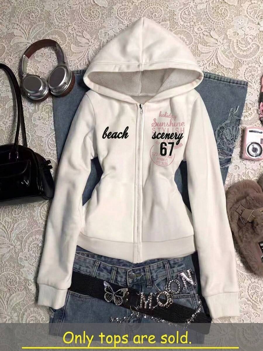 兒童青少年女孩秋冬新款基礎街頭休閒黑色純色針織小Logo刺繡圖案拉鍊連帽修身運動外套,返校季 - 白色 - 查看 1