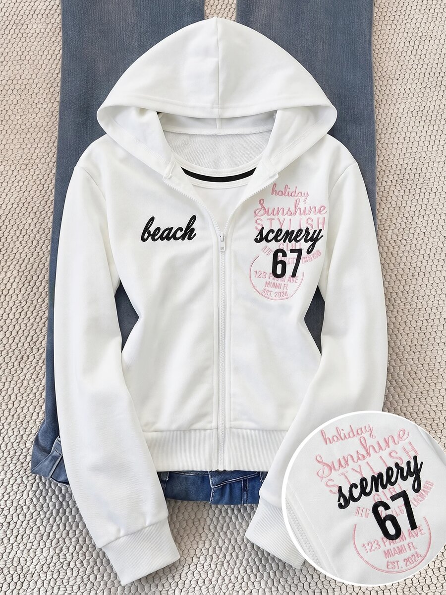 Teen Girls Sweatshirts Autumn/Winter Basic Casual White Solid Color Knit Small Logo Embroidered Pattern Zip-Up Hooded Slim Fit Jacket Beach Thicken - White - View 1