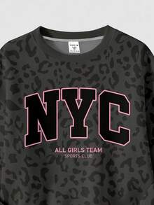 SHEIN Girlism 黑色時尚運動風拼色字母 NYC 印花，青少年女孩休閒柔軟舒適寬鬆圓領套頭衛衣與寬腿褲套裝，適合秋冬日常、街頭、新風格、時尚女孩、校園時尚返校 - 彩色 - 查看 7