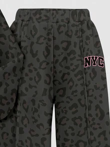 SHEIN Girlism 黑色時尚運動風拼色字母 NYC 印花，青少年女孩休閒柔軟舒適寬鬆圓領套頭衛衣與寬腿褲套裝，適合秋冬日常、街頭、新風格、時尚女孩、校園時尚返校 - 彩色 - 查看 5