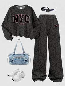 SHEIN Girlism 黑色時尚運動風拼色字母 NYC 印花，青少年女孩休閒柔軟舒適寬鬆圓領套頭衛衣與寬腿褲套裝，適合秋冬日常、街頭、新風格、時尚女孩、校園時尚返校 - 彩色 - 查看 4