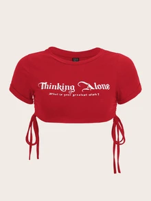 SHEIN ICON Slogan Graphic Drawstring Side Crop Top Thinking Alone What Is Your Greatest Wish? - Red - View 3