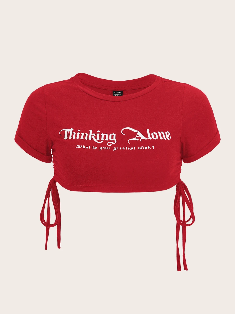 SHEIN ICON Slogan Graphic Drawstring Side Crop Top Thinking Alone What Is Your Greatest Wish? - Red - View 1