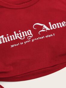 SHEIN ICON Slogan Graphic Drawstring Side Crop Top Thinking Alone What Is Your Greatest Wish? - Red - View 5