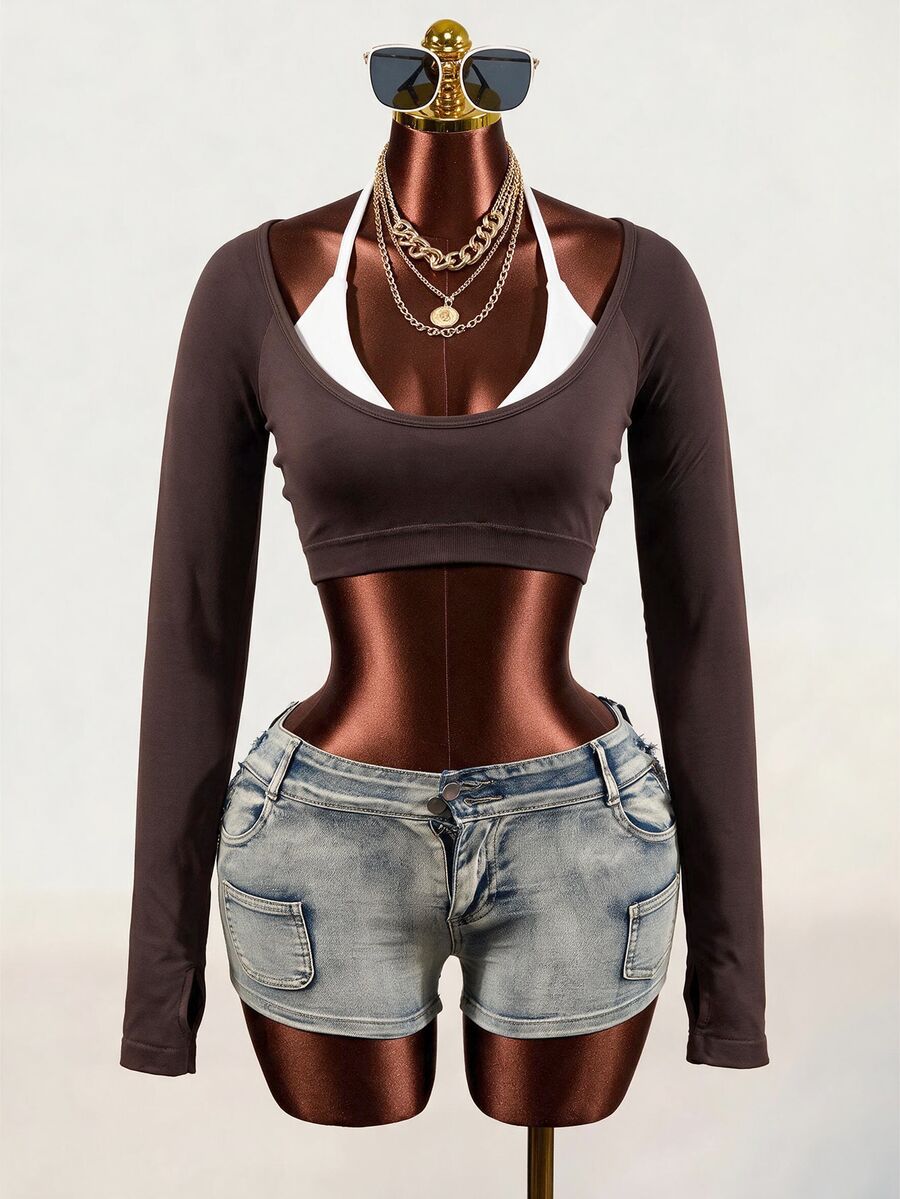 Mistrie Women's 2 In 1 Raglan Long Sleeve Casual Fitness Sports T-Shirt - Coffee Brown - View 1