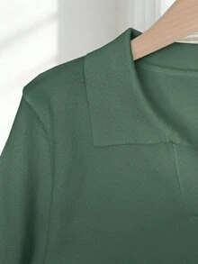 SHEIN 女士简约纯色翻领短袖休闲修身针织上衣，适合春夏穿着 - 墨綠色 - 查看 5