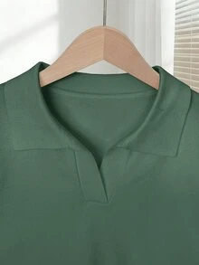 SHEIN 女士简约纯色翻领短袖休闲修身针织上衣，适合春夏穿着 - 墨綠色 - 查看 4