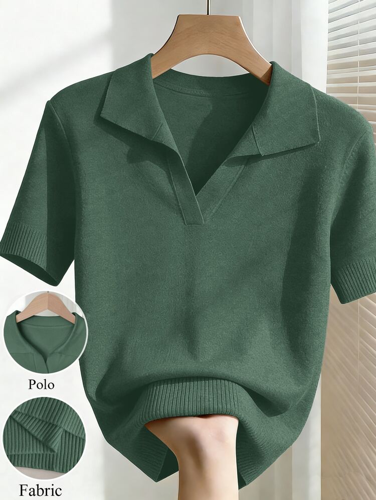 Franclia Women's Simple Solid Color Turndown Collar Short Sleeve Casual Fitted Knit Top, Versatile For Spring/Summer - Dark Green - View 3