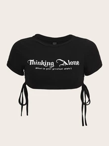 SHEIN ICON Slogan Graphic Drawstring Side Y2k Crop Top Thinking Alone What Is Your Greatest Wish - Black - View 1