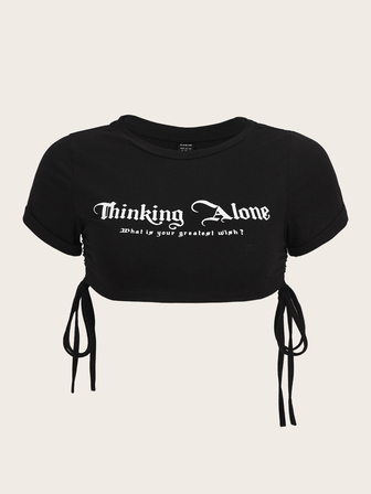 SHEIN ICON Slogan Graphic Drawstring Side Y2k Crop Top Thinking Alone What Is Your Greatest Wish