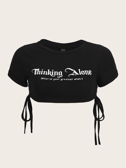 SHEIN ICON Slogan Graphic Drawstring Side Y2k Crop Top Thinking Alone What Is Your Greatest Wish
