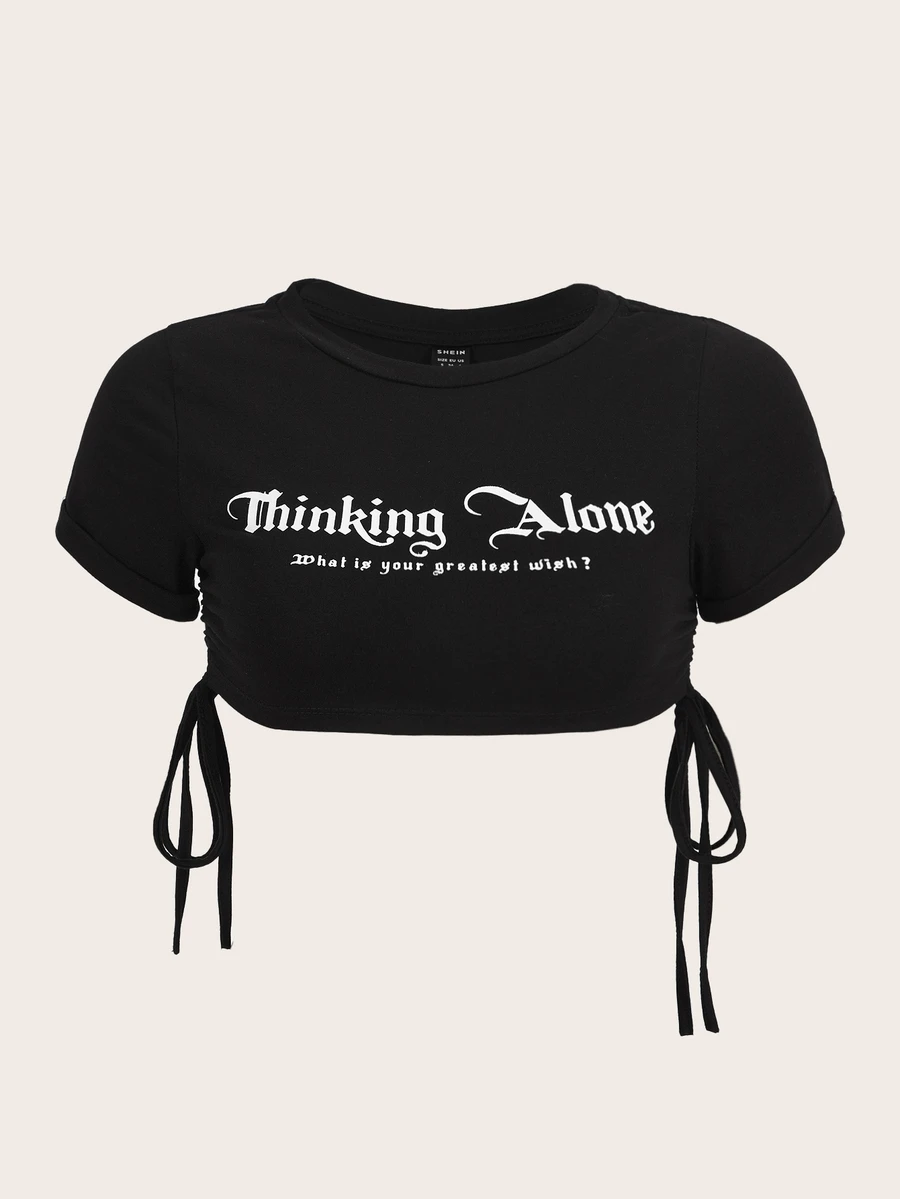 SHEIN ICON Slogan Graphic Drawstring Side Y2k Crop Top Thinking Alone What Is Your Greatest Wish - Black - View 1